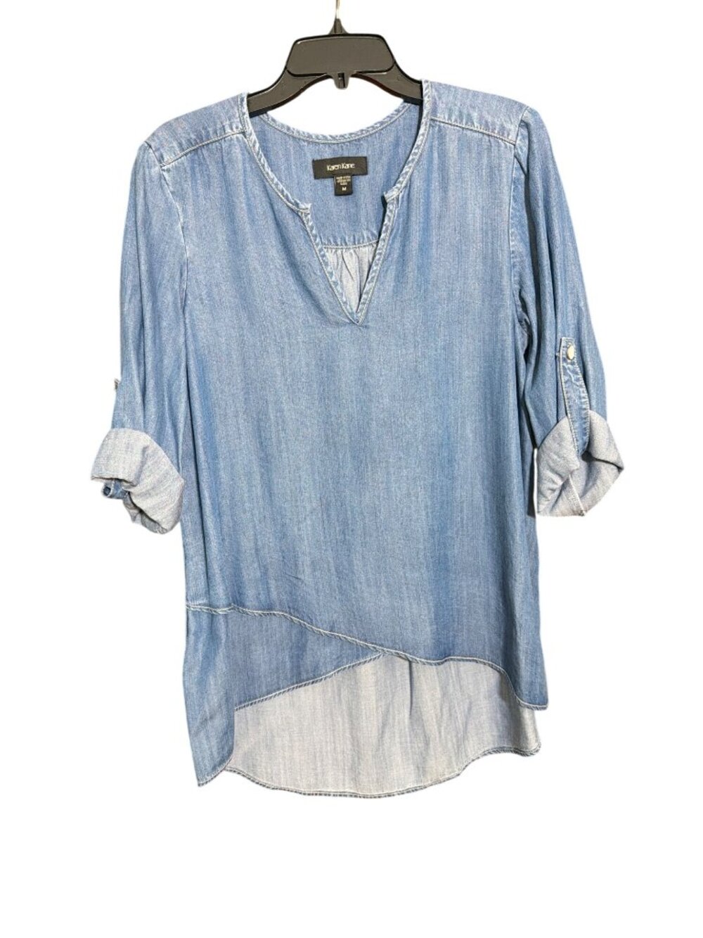 Karen Kane Asymmetrical Chambray Wrap Top Shirt Lightweight Tab Sleeves Sz M NWT